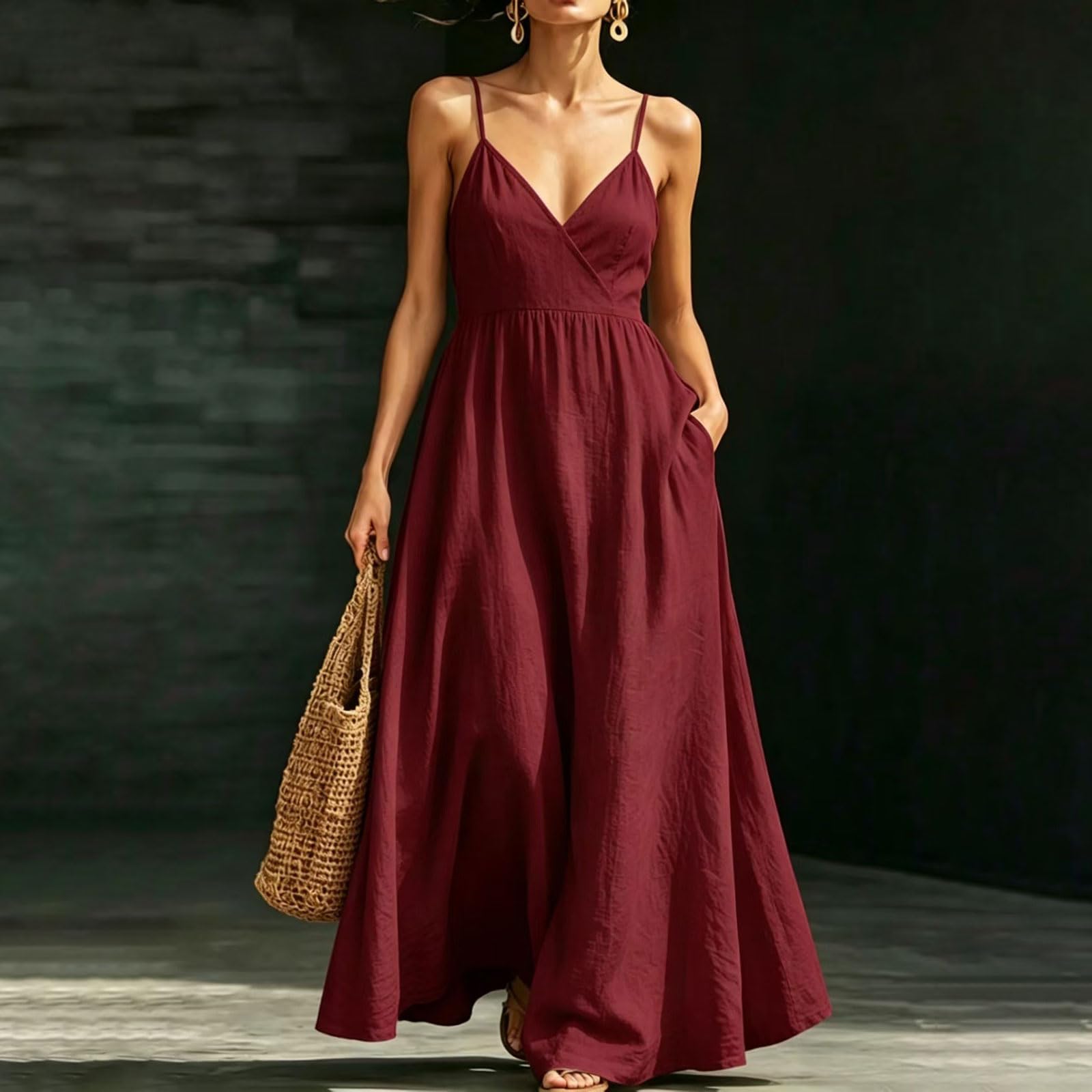 Vestido largo para mujer, cuello en V, tirantes ajustables, vestido largo acampanado, para playa, vacaciones, fin de semana, excursiones, paseos diarios