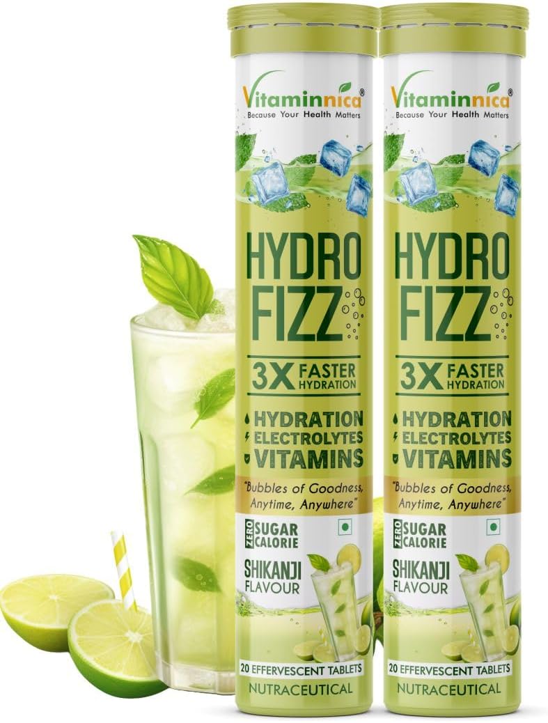 Vitaminnica Hydro Fizz Effervescent Tablets | Sugar-Free & Refreshing- 20 Effervescent Tablets– Advanced Hydration Drink & Electrolyte Booster | Shikanji Flavour- Pack of 2