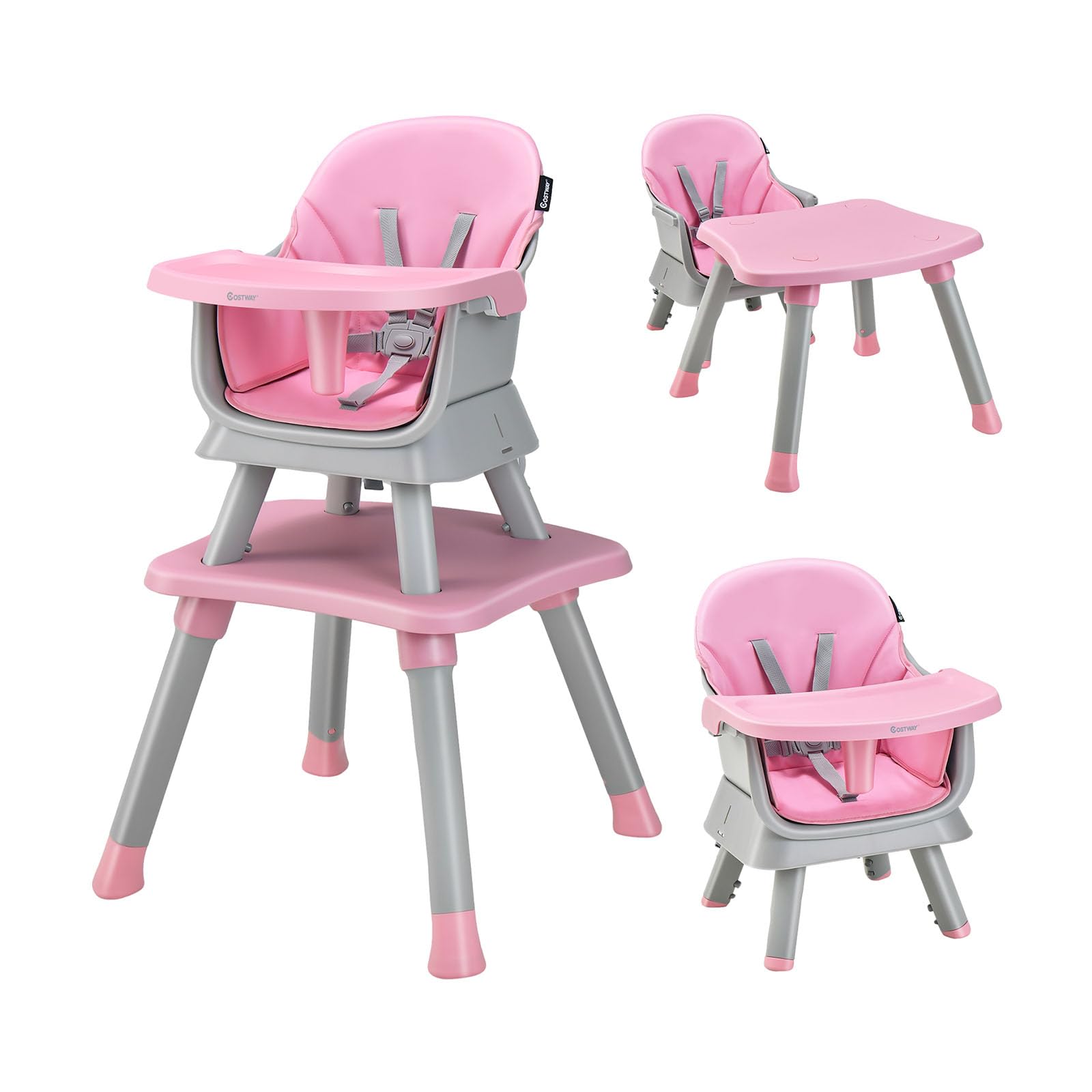 RELAX4LIFE 6 en 1 Trona Bebé con Arnes de 5 Puntos y Cojín Desmontables, Tronas de Bebe Portátil con Bandeja Ajustable y Extraíble, Mesa y Silla Infantil para Niños 6+ Meses, Carga 25kg (Rosa)