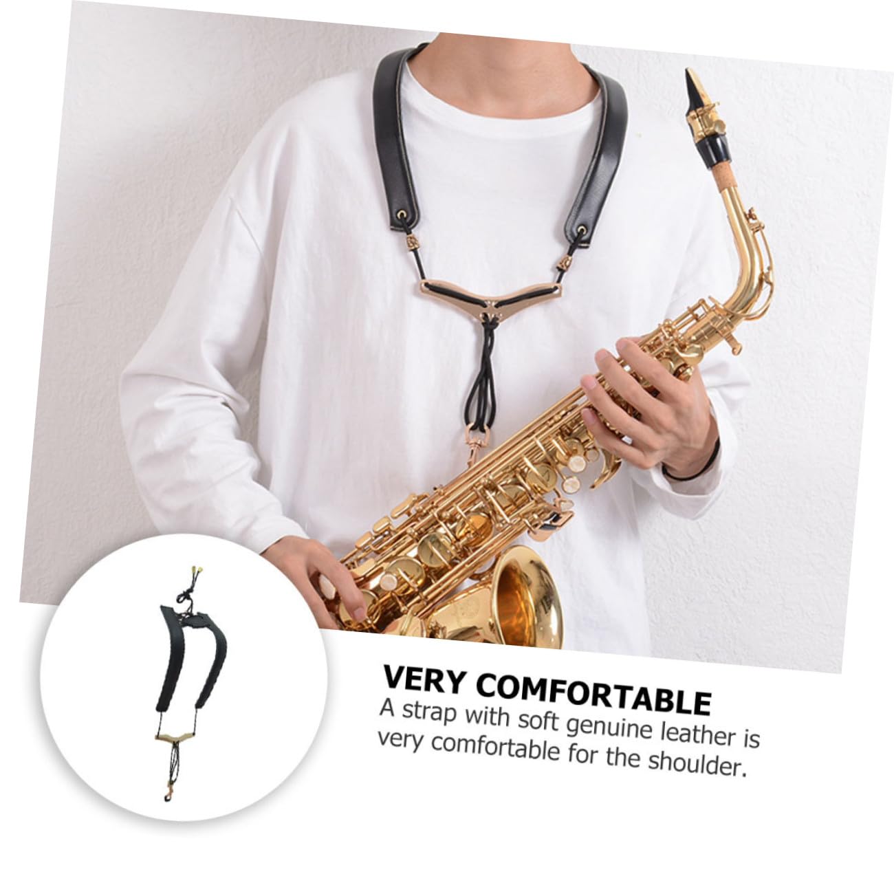 Tracolla Sax Regolabile Doppia Spalla per Sassofono, Cuoio e Nylon Nero