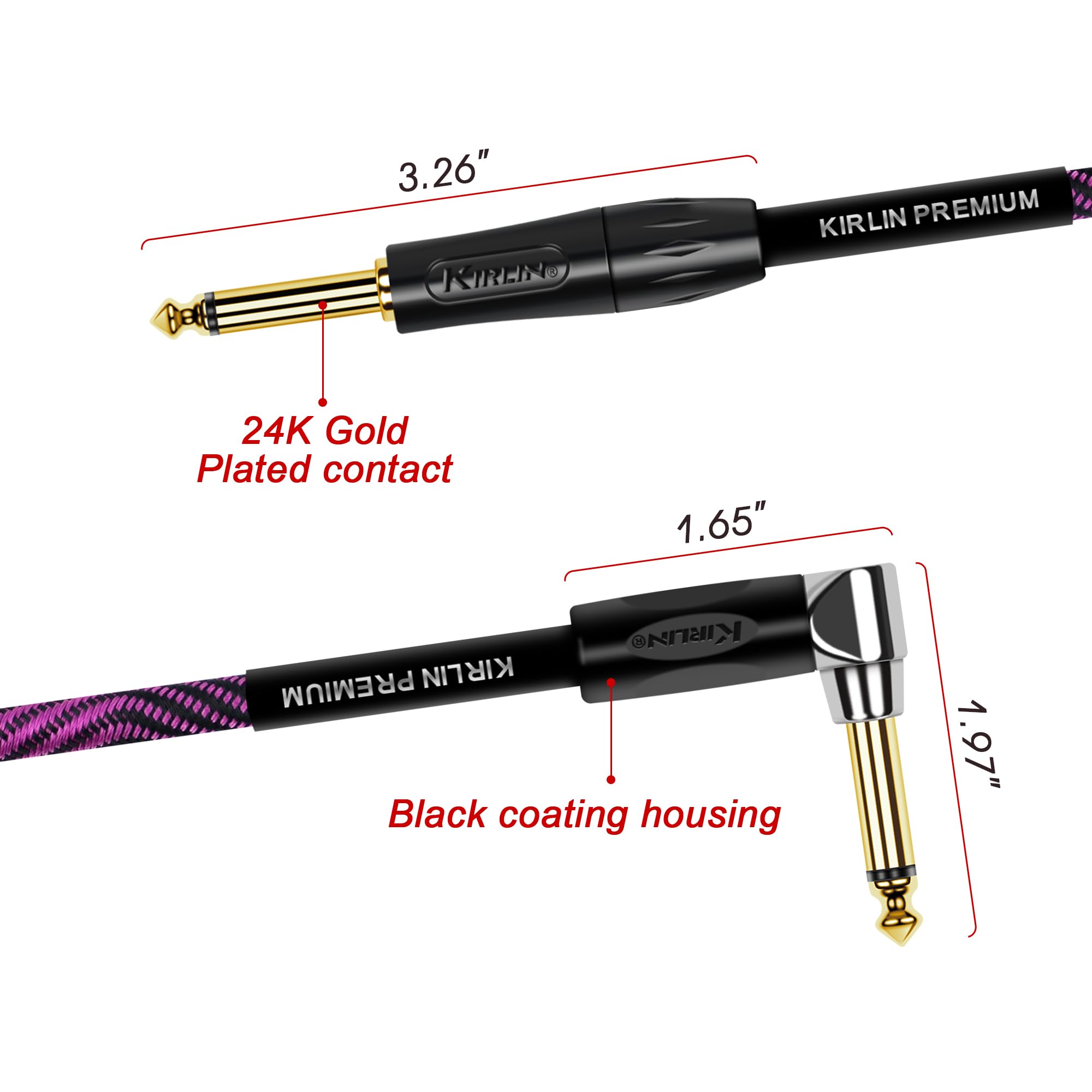 KIRLIN Cable IWB - Cable de instrumento, ángulo recto de 1/4 pulgadas a recto, onda negra y púrpura, 10 pies (IWB-202 BFGL-10/WBP)