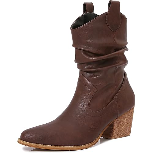 MM Women's Modern Western Short Cowboy Boot with Pull-Up Tabs, Slip On Round Toe Chunky Heel Cowgirl Boots for Girls Ladies Fall, Brown, 10