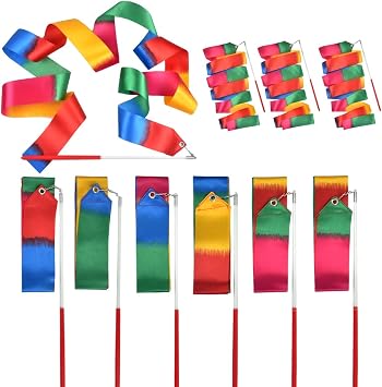 12PCS Rainbow Party Favors Dance Ribbons for Kids Circus Carnival Rhythmic Gymnastics Birthday Party Decoration Supplies, Ribbon Baton Twirling Sticks Silks Streamers Wands