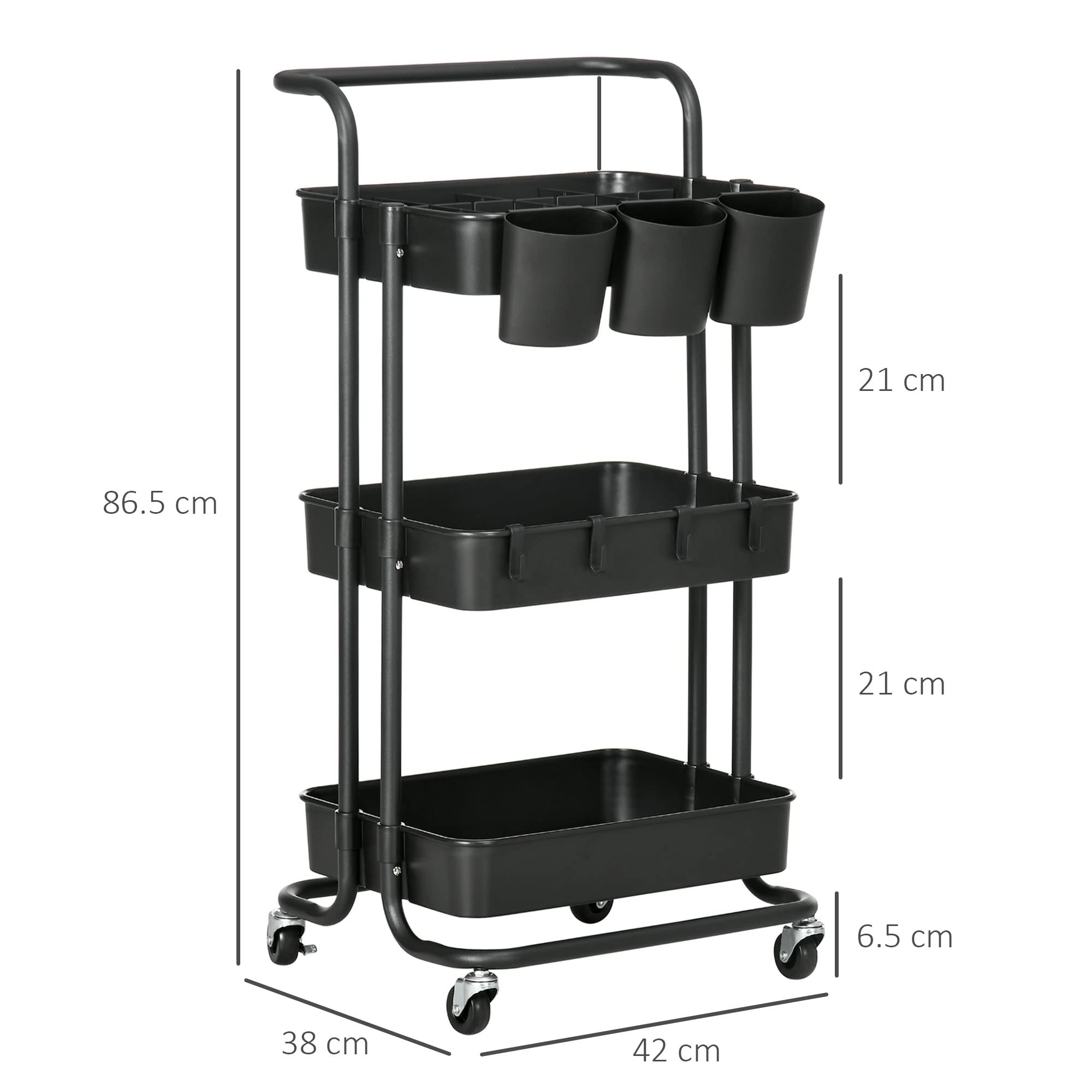 HOMCOM Carrello da Cucina Multiuso a 3 Livelli con Cestini e Ganci Rimovibili, Carrello Multiuso con Cestino con 12 Divisori per Soggiorno, Ufficio e Lavanderia, Nero