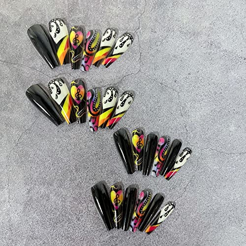 Press On Nails Long Black Coffin False Nails With Designs Full Cover Fake Nails With Graffiti Musical Note Designs Glossy Stick On Nails Acrylic Artificial Nails For Women Girls #TOP2