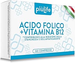 Acido Folico 400 μg Con B12 160 Compresse PiùLife, 1 Al Giorno, Folina Integratore Acido Folico E Vitamina B12, Energia Contro Stanchezza E Affaticamento, Mamma