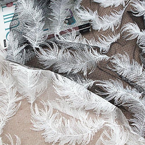 IRIZ White/Black Feather Pattern Lace Hollow Embroidery Fabric by The Yard (White)
