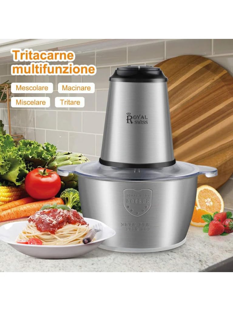 Royal Swiss Tritatutto Elettrico, 3L, 500W, Acciaio Inox, 4 Lame, 2 velocità, Robusto e Durevole Per tutti i tipi di utilizzo (5L)