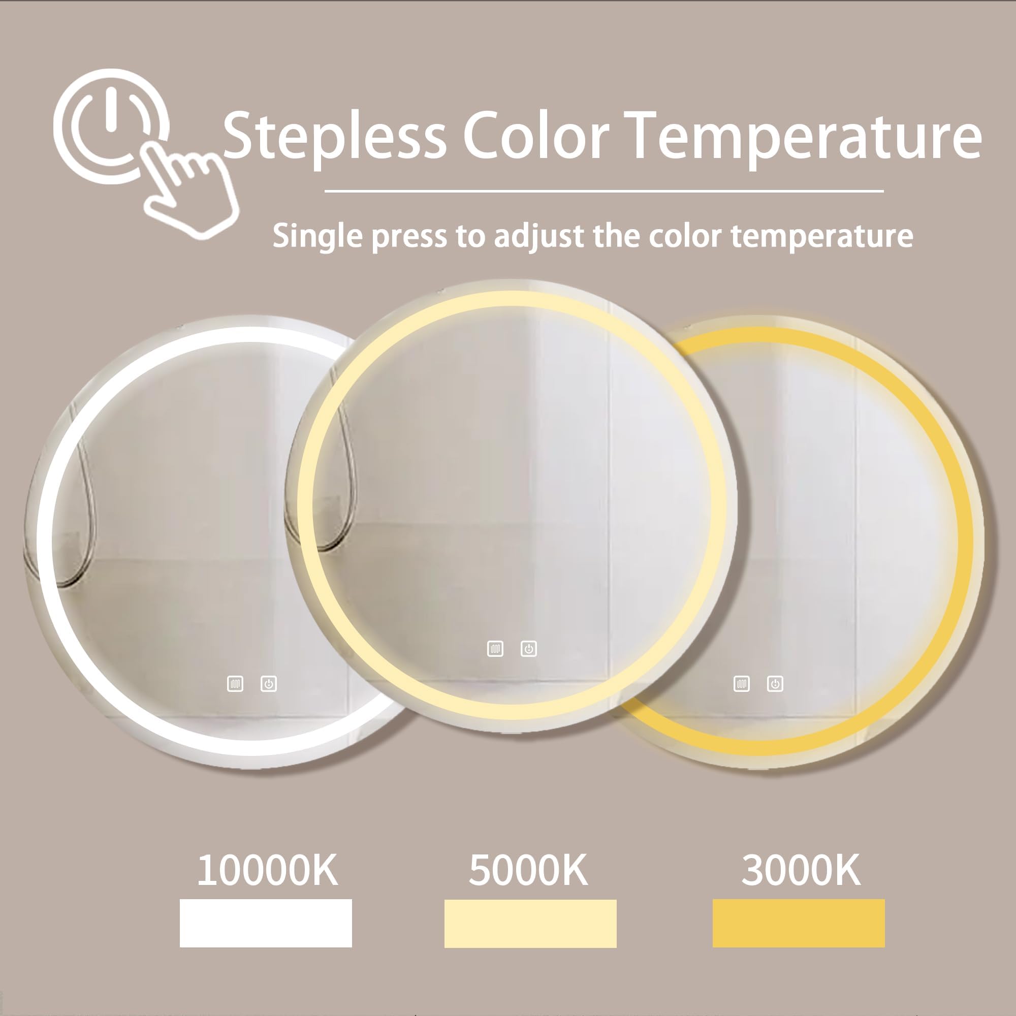 Espejo de Baño LED con Iluminación,Espejo Redondo con Iluminación,Espejo de Pared para Baño,3 Colores de Luz Regulables,Espejo de Baño con Interruptor Táctil y Antivaho,3000K-10000K (60cm)