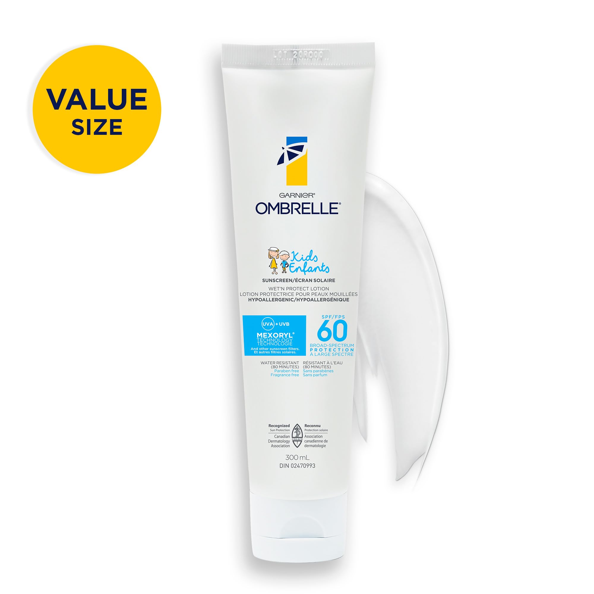 Close-up of Garnier Ombrelle Kids Sunscreen Lotion SPF 60 bottle, highlighting its texture and key features.