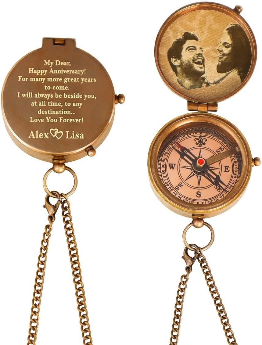 Custom Photo Engraved Brass Pocket Compass Personalized Compass for Men with Leather Case & Wooden Box – Gift for Husband, Dad, Son, or Boyfriend