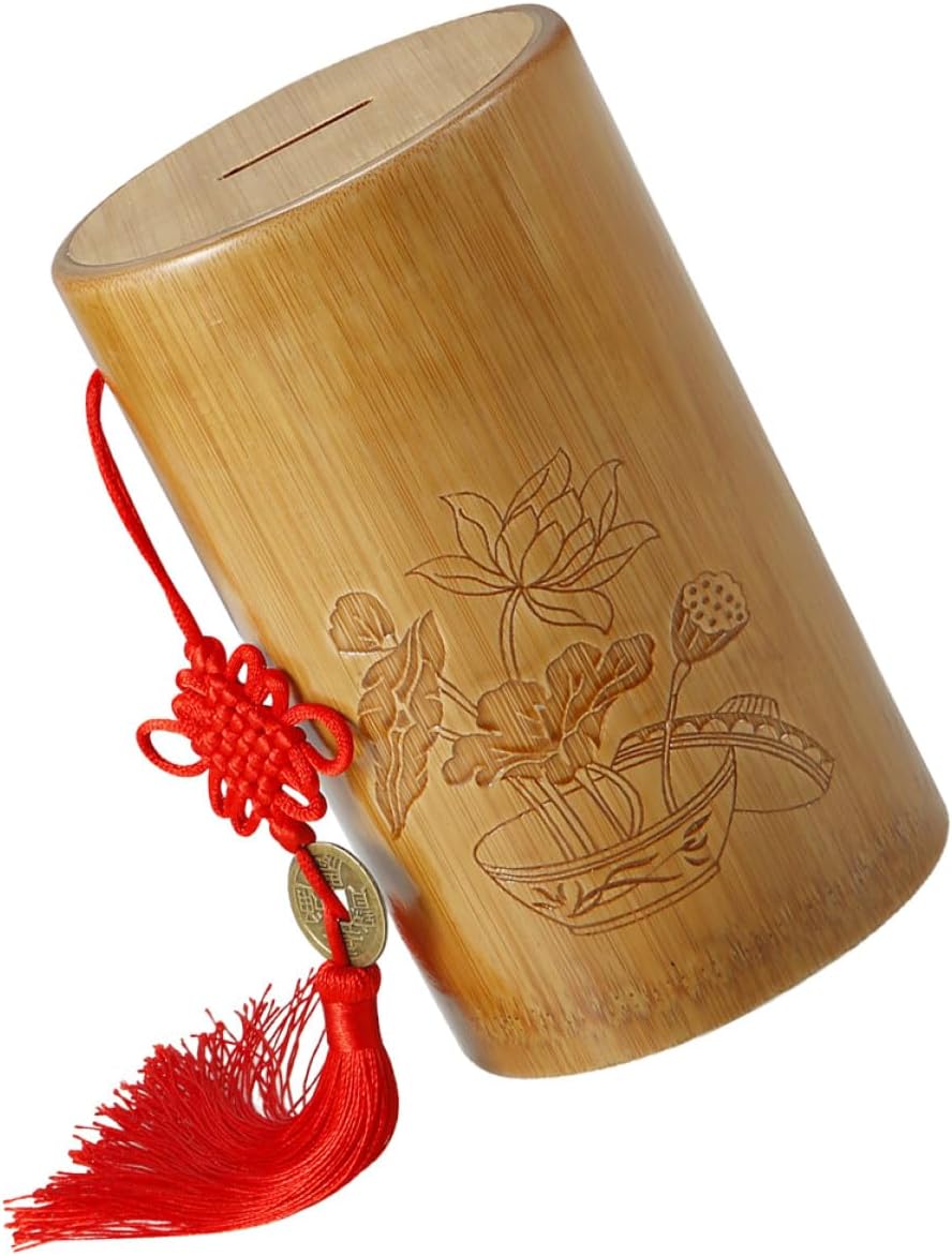 Bamboo Money Box -Vintage Chinese Style Piggy Bank for AdultsDesktop Coin Holder Savings Pot for Cash Storage and Home Decor