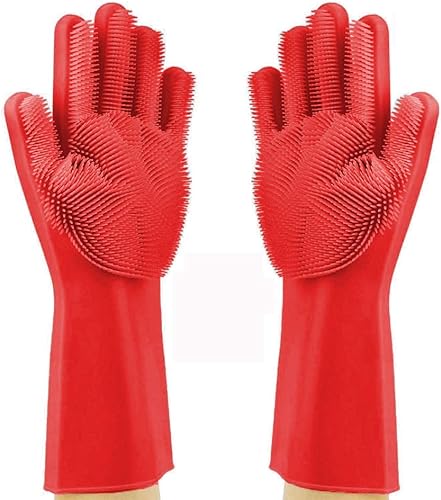 Miniatura 3 de Guantes de silicona para lavar platos, guantes de goma para el aseo de mascotas para fregar platos, lavado con esponja con estropajos (34,5 cm de
