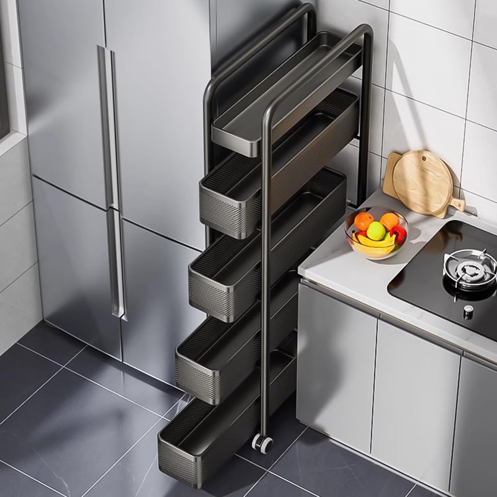Carrello portaoggetti in Metallo a 5 Ripiani, Carrello Sottile con Ruote, Contenitore Estraibile con cestelli in Rete per spazi ristretti, scaffalatura Stretta per Bagno (Nero, 15