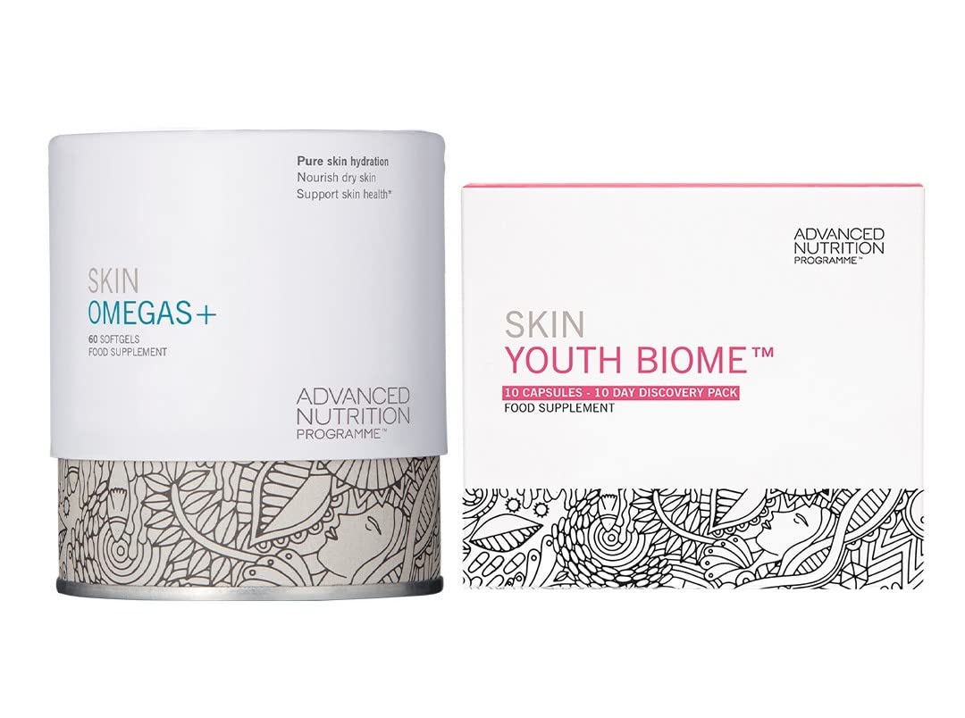Advanced Nutrition Programme - Beautiful Skin from Within Bonus Duo - Contains Skin Omegas 60 Capsules & Skin Youth Biome 10 Day Discovery Pack - for a Youthful Complexion and Skin Hydration
