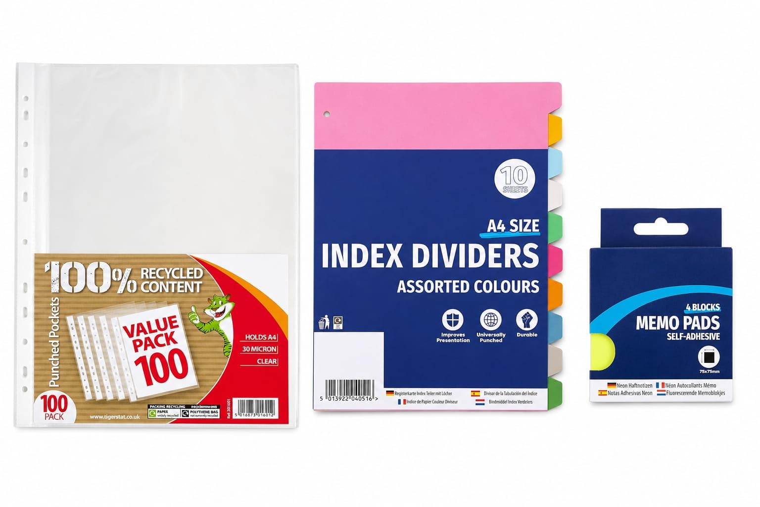 DSS Essentials A4 Punch Pockets 100 Pack + A4 10 Tab Dividers + 4 Memo Pads – Document Filing & Office Supplies Bundle
