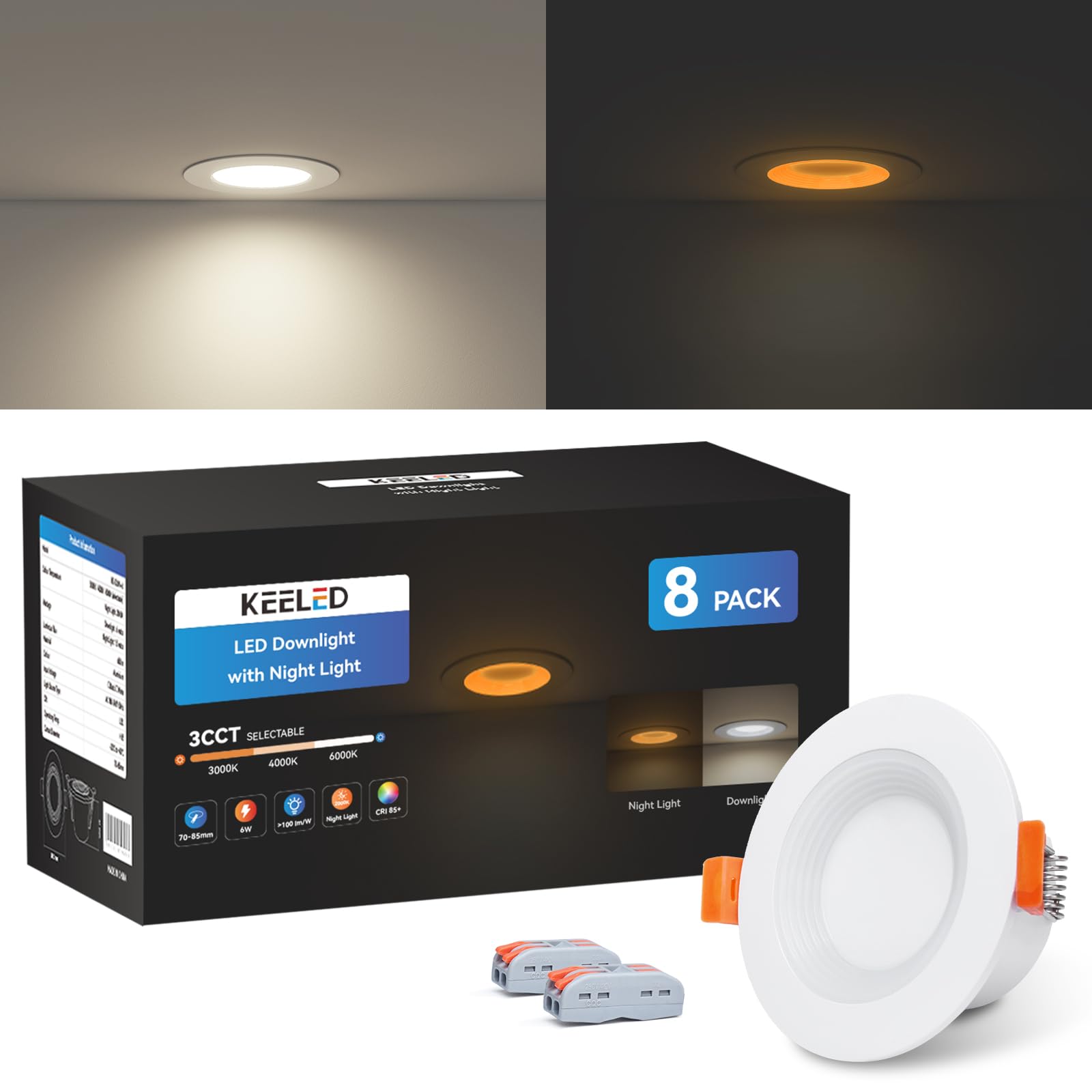 KEELED Einbaustrahler LED mit Nachtlicht, LED Spots 230v, 6W, 3000K/4000K/6000K Wählbar, Schnittloch 70-85mm, IP44, Gehäuse aus Aluminiumdruckguss, 8er Set