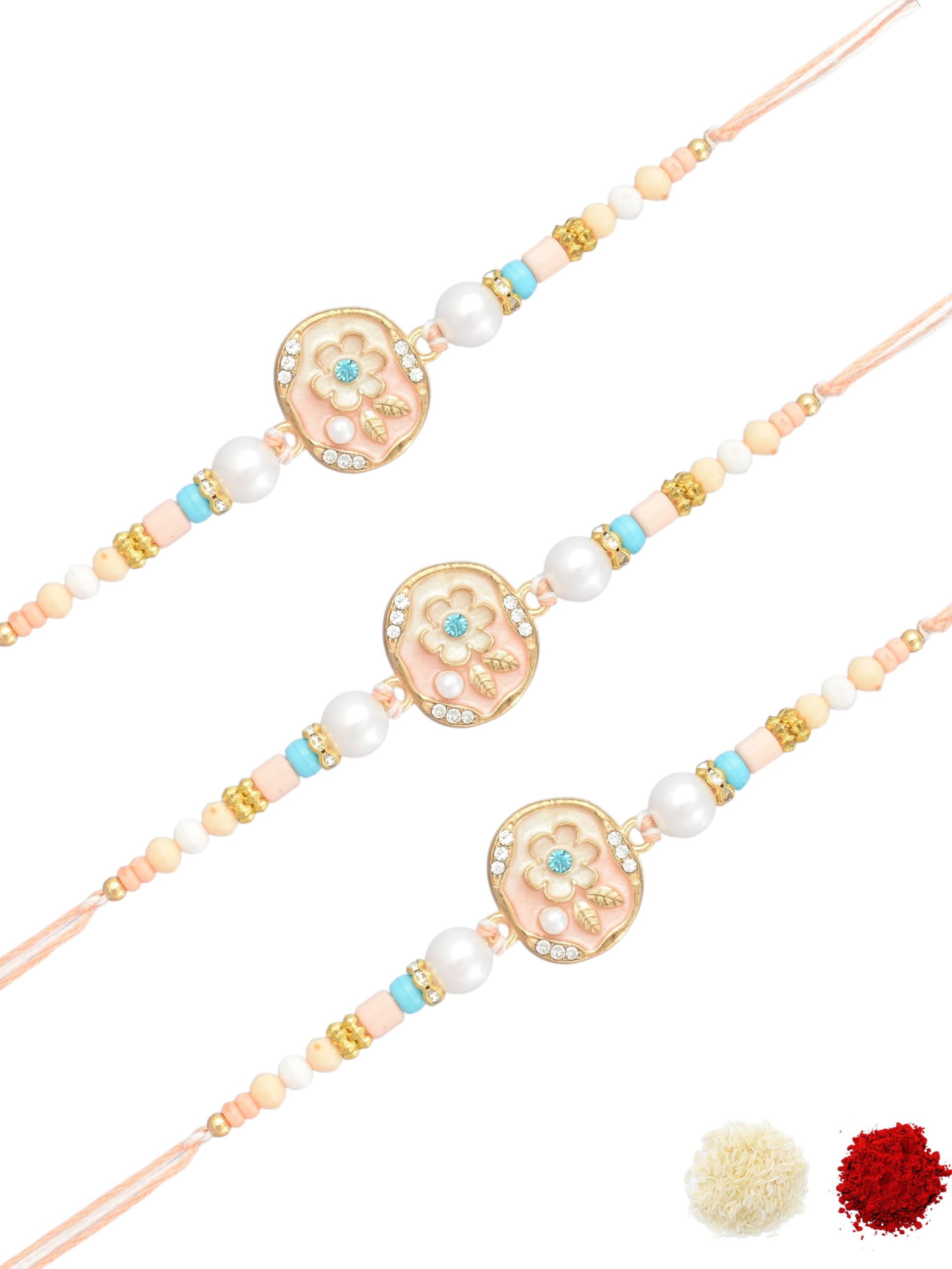 Premium Floral Pearl Design for Brother with Flower Motif, Pastel Peach & Blue Beadwork, Enamel Work, Traditional Thread Pack of 3 Rakhi for Raksha Bandhan with Roli Chawal & Greeting Card-75-image-11
