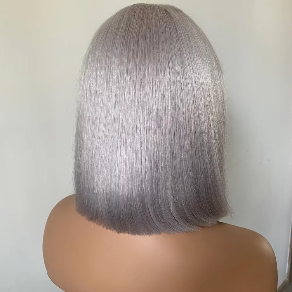 13x4 HD Lace Front Bob perruques cheveux humains gris sans colle perruque for les femmes gris argent couleur pré plumé délié naturel 200 densité Extensions de cheveux(16 inch)