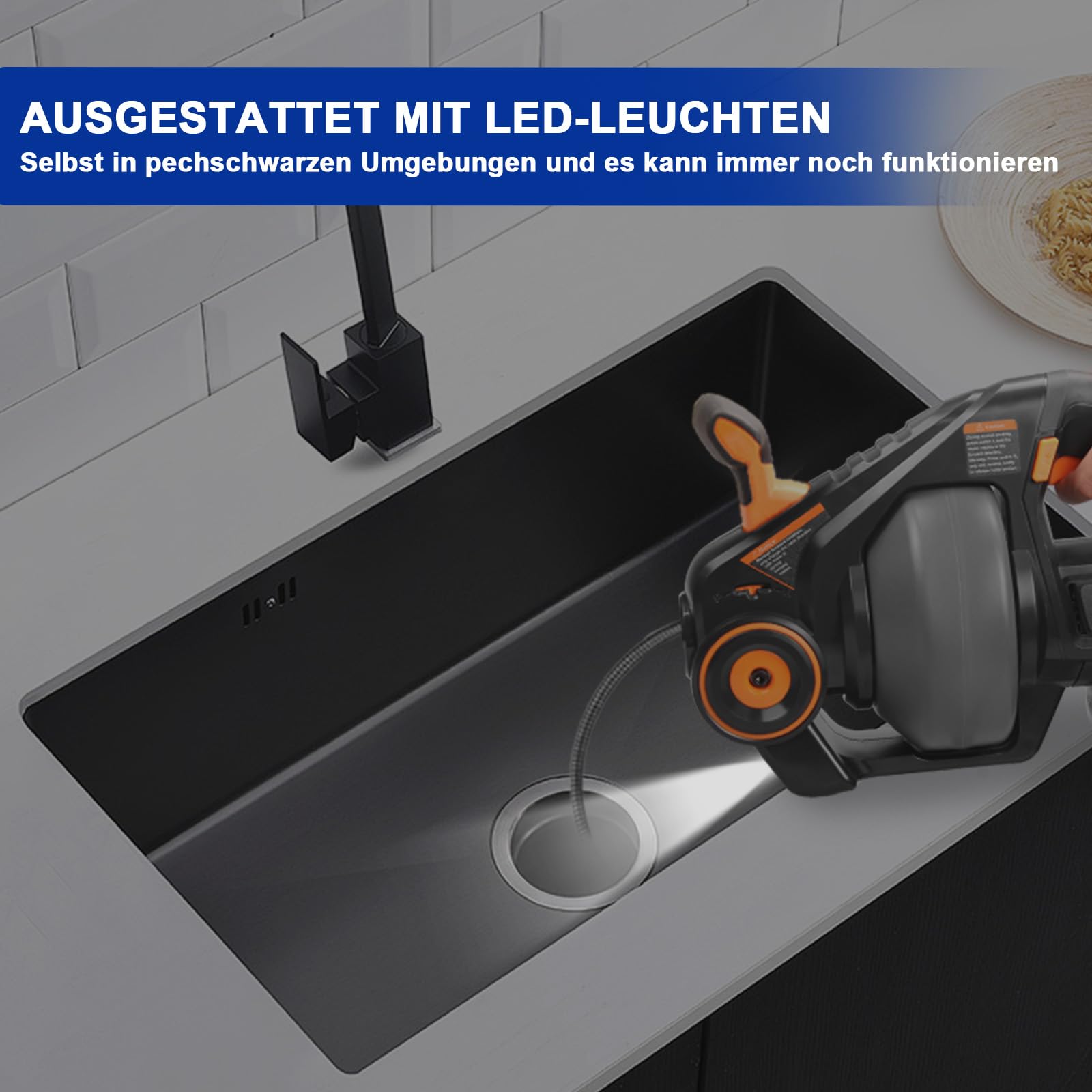 18V Akku-Rohrreiniger mit 7,6m Reinigungsspirale, Abflussreiniger Spirale für 18-65mm Rohrverstopfungen (Kommt mit Batterie und Ladegerät bei Lieferung)