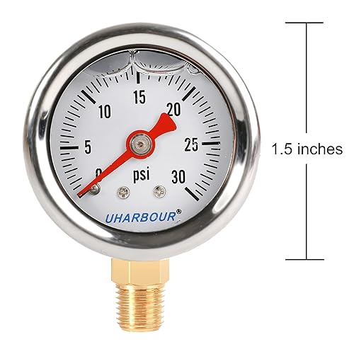 Miniatura 2 de Medidor de presión relleno de glicerina con caja de acero inoxidable 304, tamaño de dial de 1-12", 0-30Psi, alta precisión, montaje inferior central