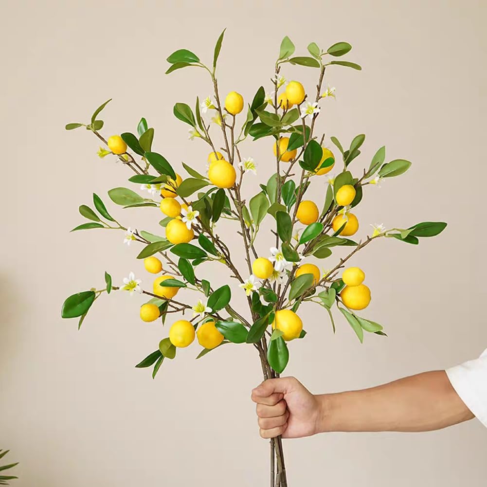 BFYDOAA 3pcs Artificial Lemon Branch 80cm Long Stem Yellow Lemons Picks with Green Leaves and Flowers, for Home Kitchen Farmhouse Table Centerpiece