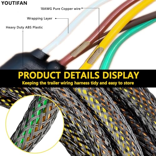 22FT 4 Pin 5 Wire Trailer Wiring Harness,Trailer Light Kit Heavy Duty Pure Copper Connectors with Nylon Mesh Protection for Rewiring of Taillights,Brake Lights and Turn Signals on Trailers RVs Boats - Thumbnail 4
