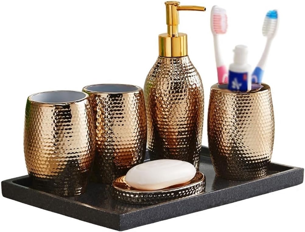 樹脂製レインドロップ 6点バスルームアクセサリーセット 歯ブラシホルダー ソープディスペンサー タンブラーカップ バスセット(Gol