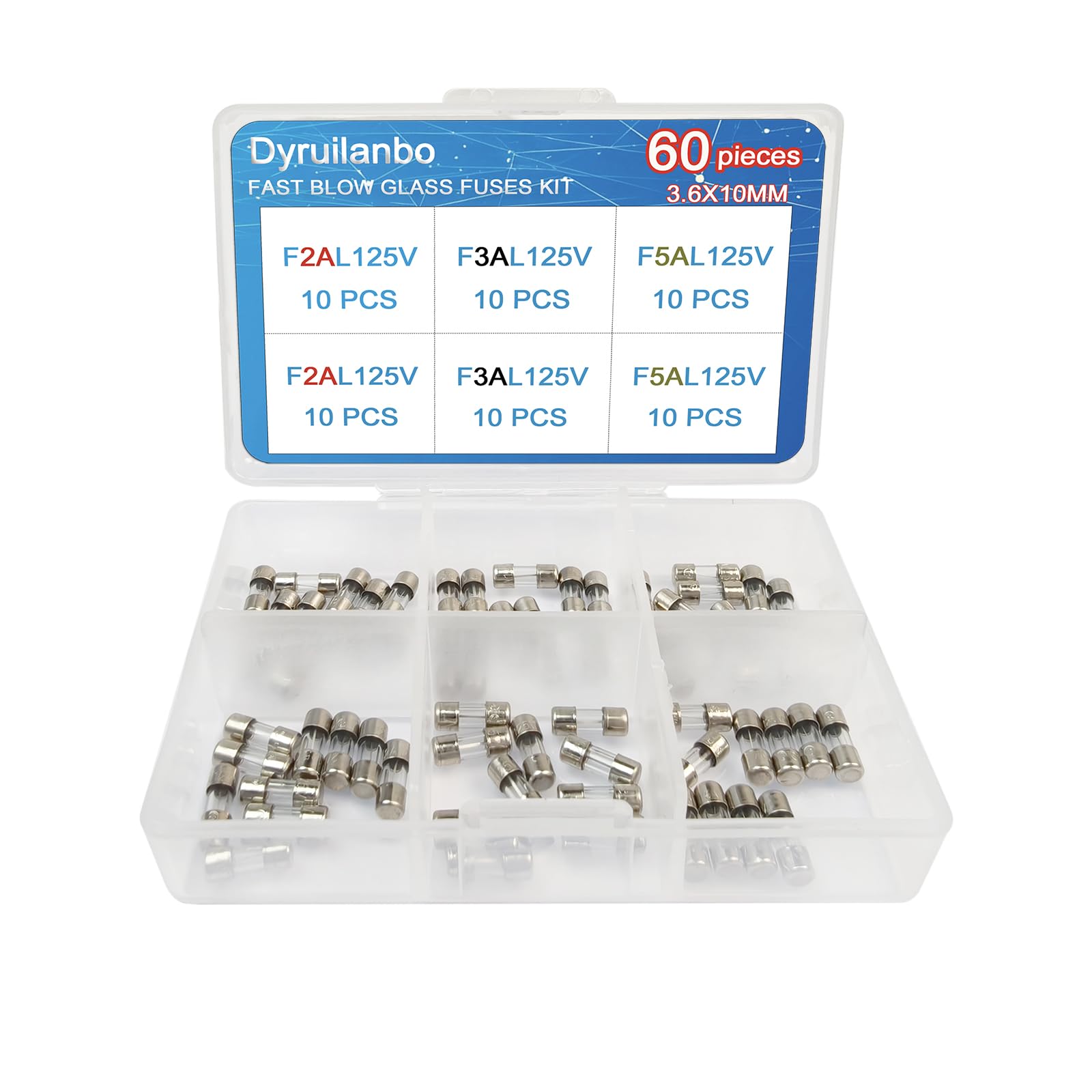 Mini Fuse 3.6x10mm 2A 3A 5A 125V Fast-Blow Glass Fuses Assortment Kit Christmas Light Fuses 0.14x0.39Inch Small Fuse for Outdoor String Lights（3