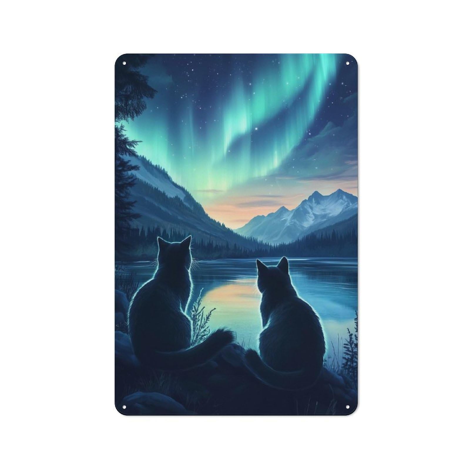 Junmoney Cats Under Aurora Borealis Northern Lights Vintage Metal Wall Sign 30X20cm For Garage Or Workshop, For Metal Sign Collectors, For Garage And Workshop Walls