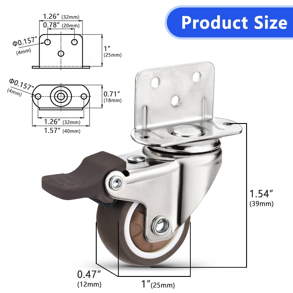 Juego de 4 ruedas resistentes con freno, montaje lateral en forma de L, ruedas de repuesto para cama de bebé, carritos, armario de cocina, muebles, mesa, capacidad de carga de 120 libras (1 pulgada en