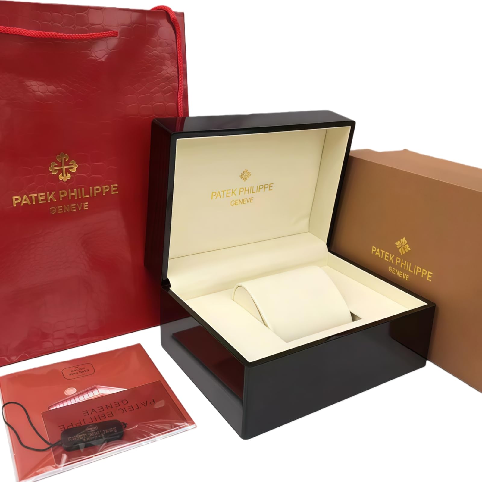Caja Reloj Madera Caoba Oscura Lacado Piano Alto Brillo Interior Cuero Crema Estuche Almacenamiento Lujo para Patek Philippe
