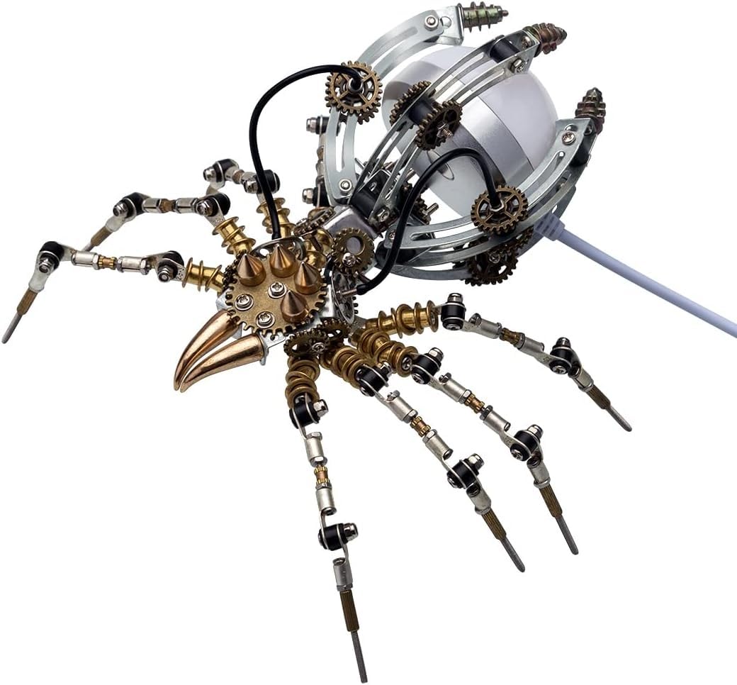 Metalowe puzzle 3D pająk z lampą LED, zestawy puzzli mechanicznych DIY, lampa biurkowa pająka Art Puzzle metalowy zestaw modeli do składania dla dorosłych łamigłówka ozdoba na biurko 512 szt.