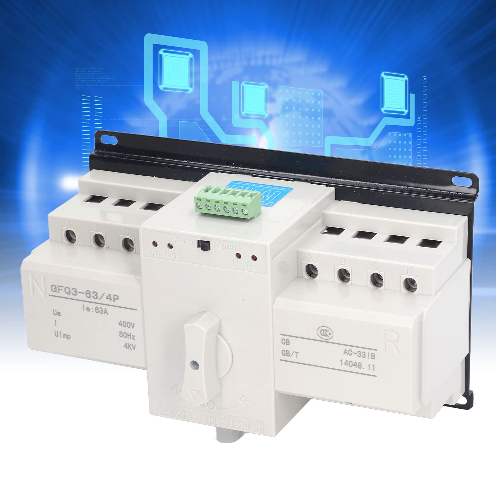 Interruptor de Transferencia Automática ATS 4P Mini, 63A, AC400V, de Alimentación Dual, Gabinete PC Ignífugo, Control Dual Manual y Automático