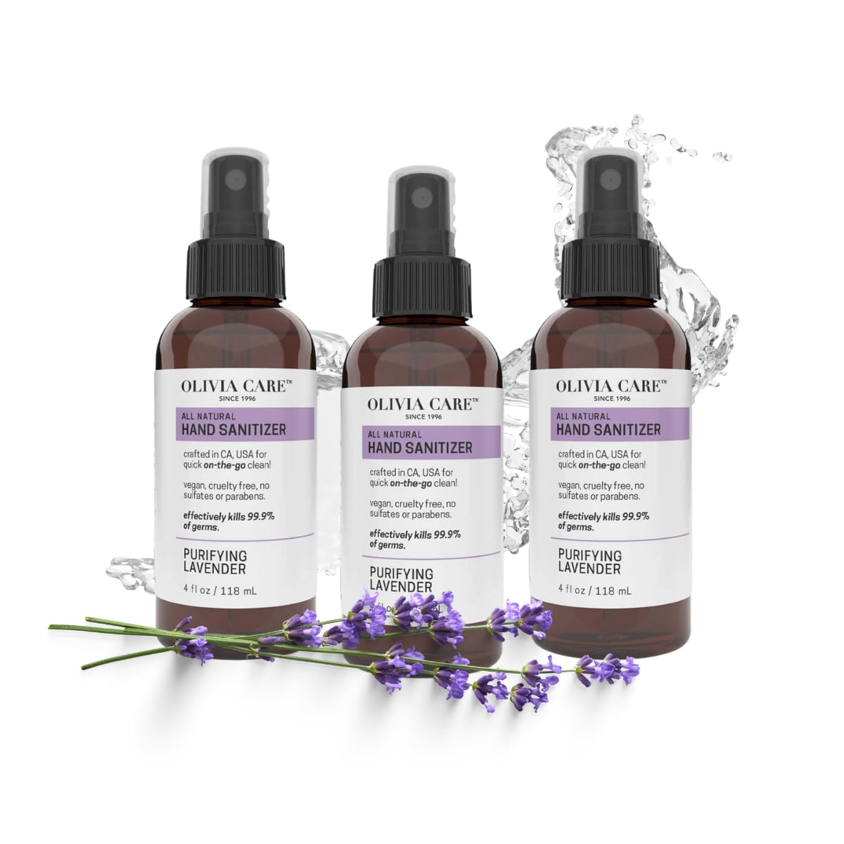 Olivia Care Hand Sanitizer Spray 3 Pack Alcohol Based Antibacterial Mist with Lavender Essential Oil, Travel Size 4 FL OZ Bottles