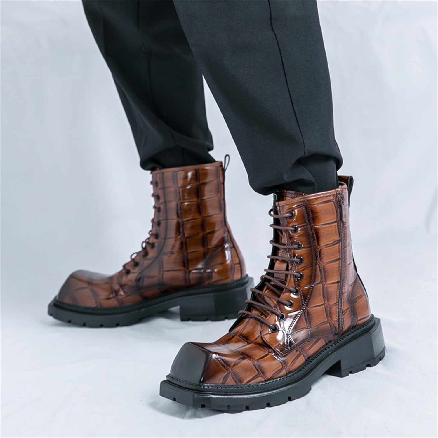 Men's Textured Leather Lace Up Platform Chunky High Top Combat Boots with Side Zipper Wide Square Toe Non Slip Lug Sole Oxford Boots for Work Office Business Motorcycle Parties Formal Events