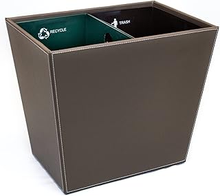 Recycle & Trash Waste Bin Tan Leatherette with Dual Color Coded Liners. 14.25" x 9.5" x 12"