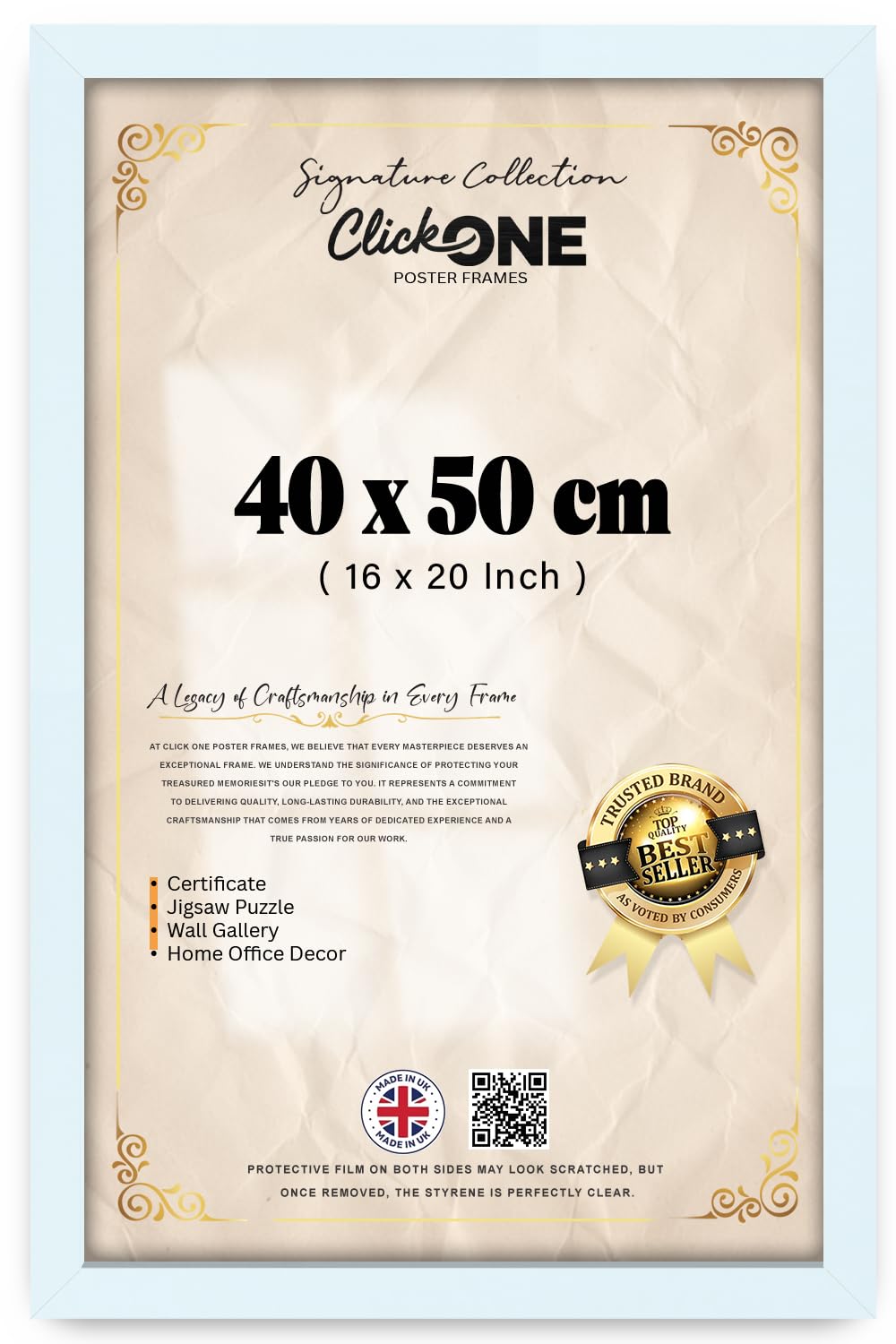 Click One | Premium (40 X 50 CM) Poster Frame — Clear Perspex Front For Vertical And Horizontal Orientation (16 X 20 Inch) White For Living Spaces And Gallery Walls With Easy Mounting