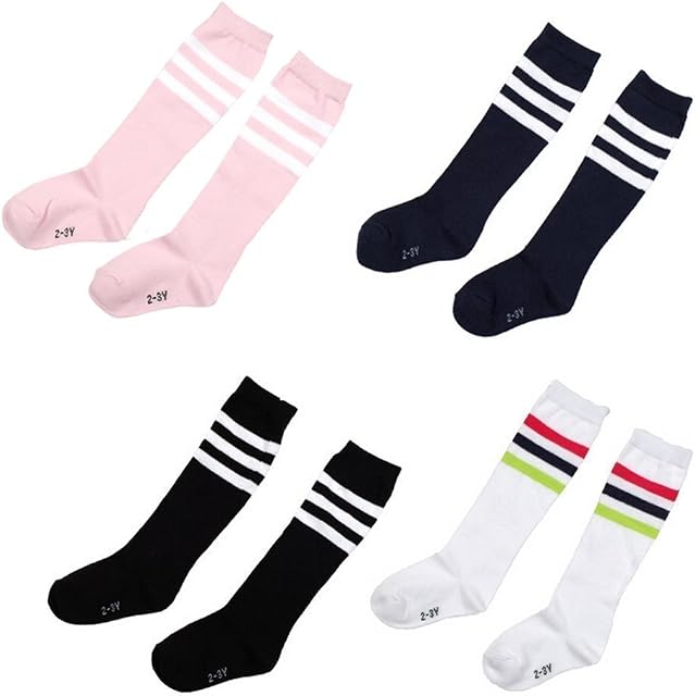 FSSTUD 4 Pairs Stripe Thicken Football Sport Socks Knee High Unisex Cotton Socks for Kids Children Girls Boys 4-5 Years Old