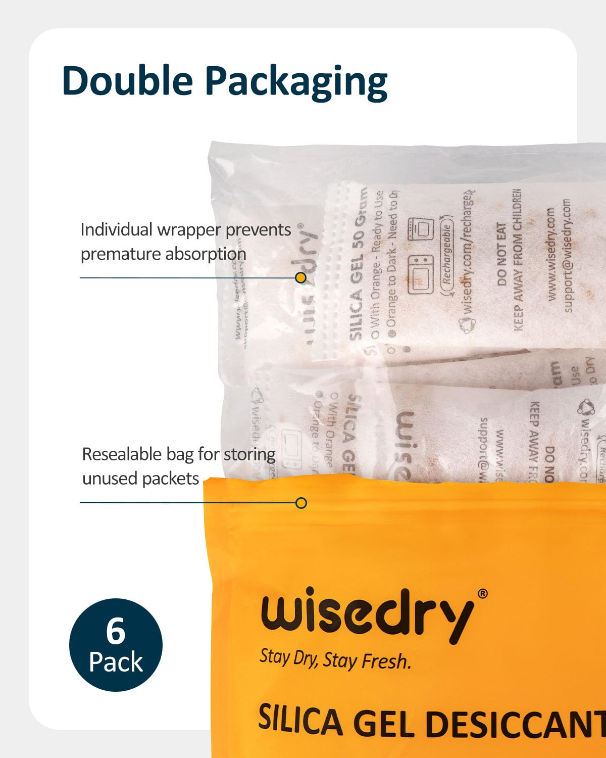 wisedry 50 Gramos[6 Paquetes] Gel De Sílice bolsitas Desecante Reutilizable con Microondas Reactivado rápido En 2mins & Naranja a Verde Que Indicador de Absorción de Humedad Deshumidificador de Grado