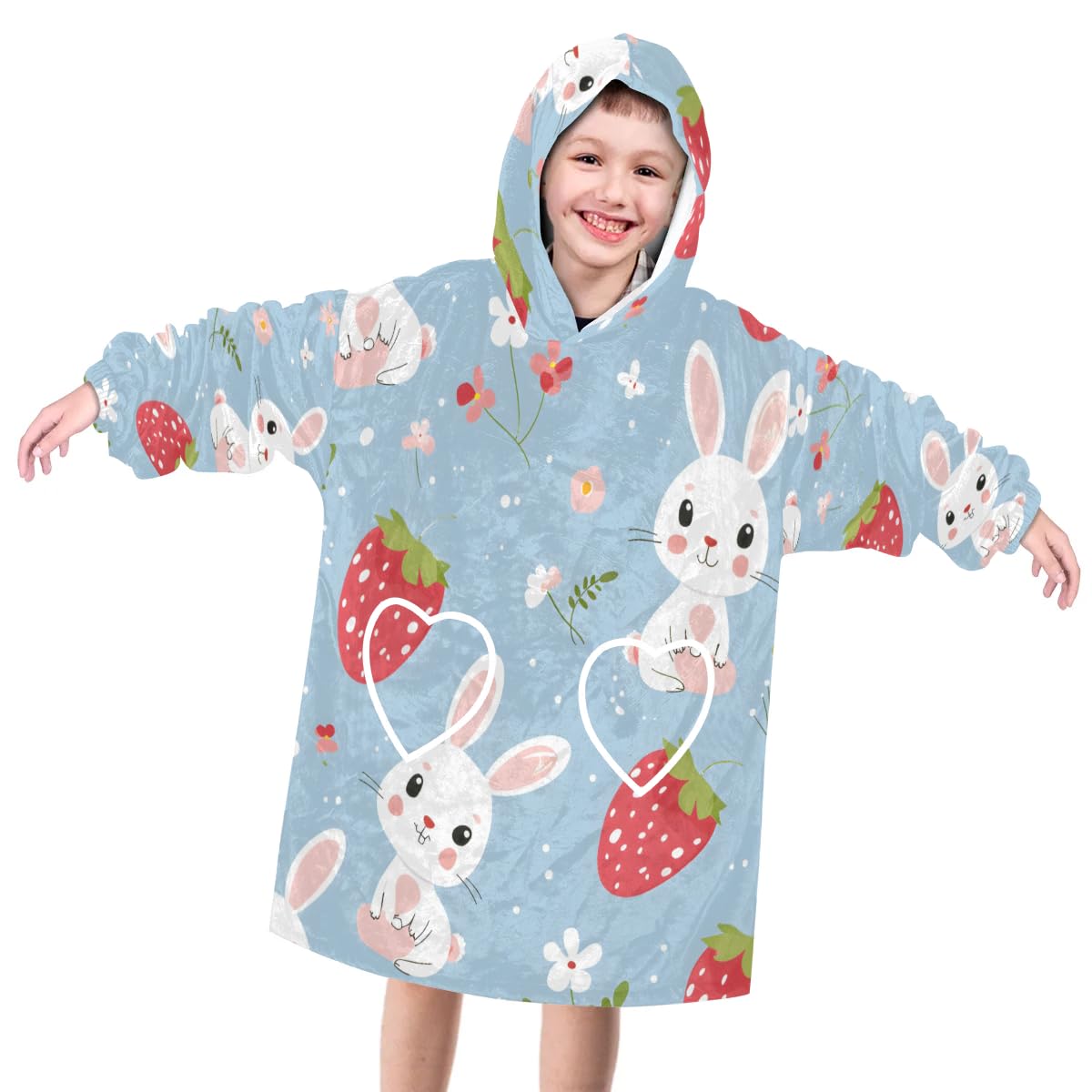 Wearable Blanket Hoodie for Kids, Hopping Rabbit Fleece Sweatshirt Blanket Oversized Blanket Sweatshirt with Pocket Flannel Warm Hooded Blanket 6-10 Year Old Girl Boy Gift, One Size