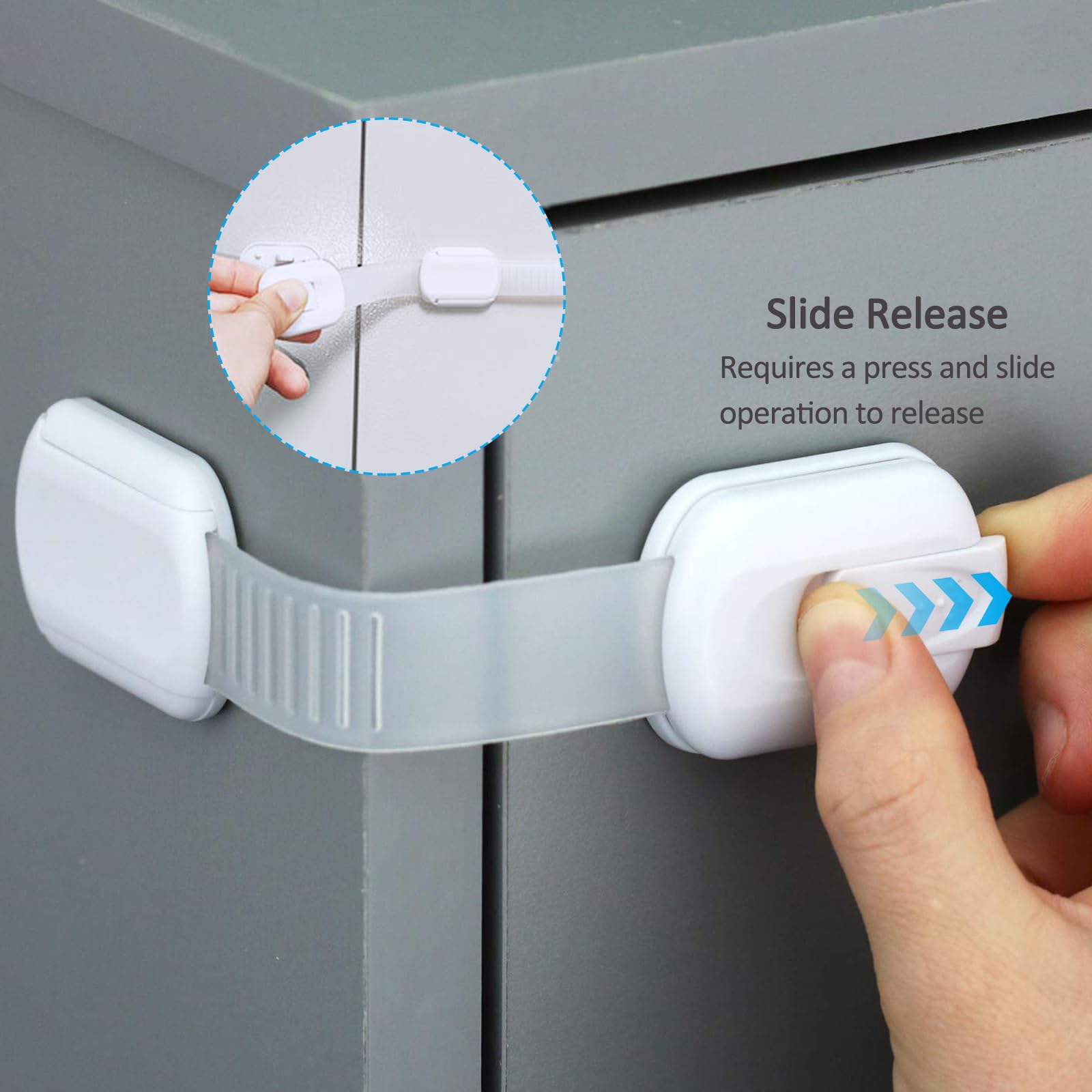Paquete de 4 correas adhesivas, cierres de gabinete para cajones, puertas y refrigeradores, multiusos, a prueba de gabinetes de seguridad, sin taladrar — view 3