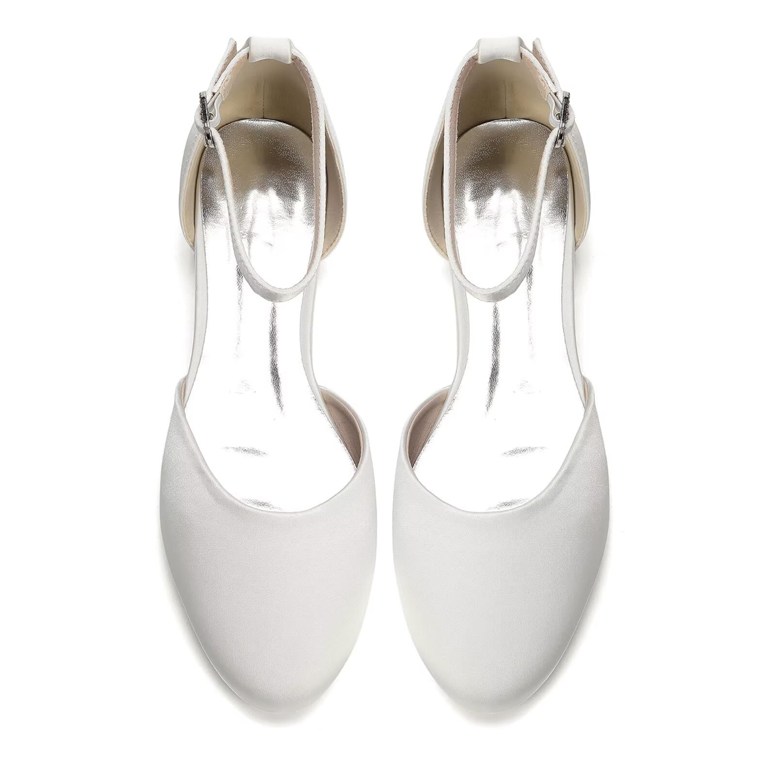 Scarpe da Sposa Comode Tacco Basso Largo Scarpe Matrimonio in Raso Punta Tonda Chiusa Decollete Eleganti con Cinturino alla Caviglia Cerimonia