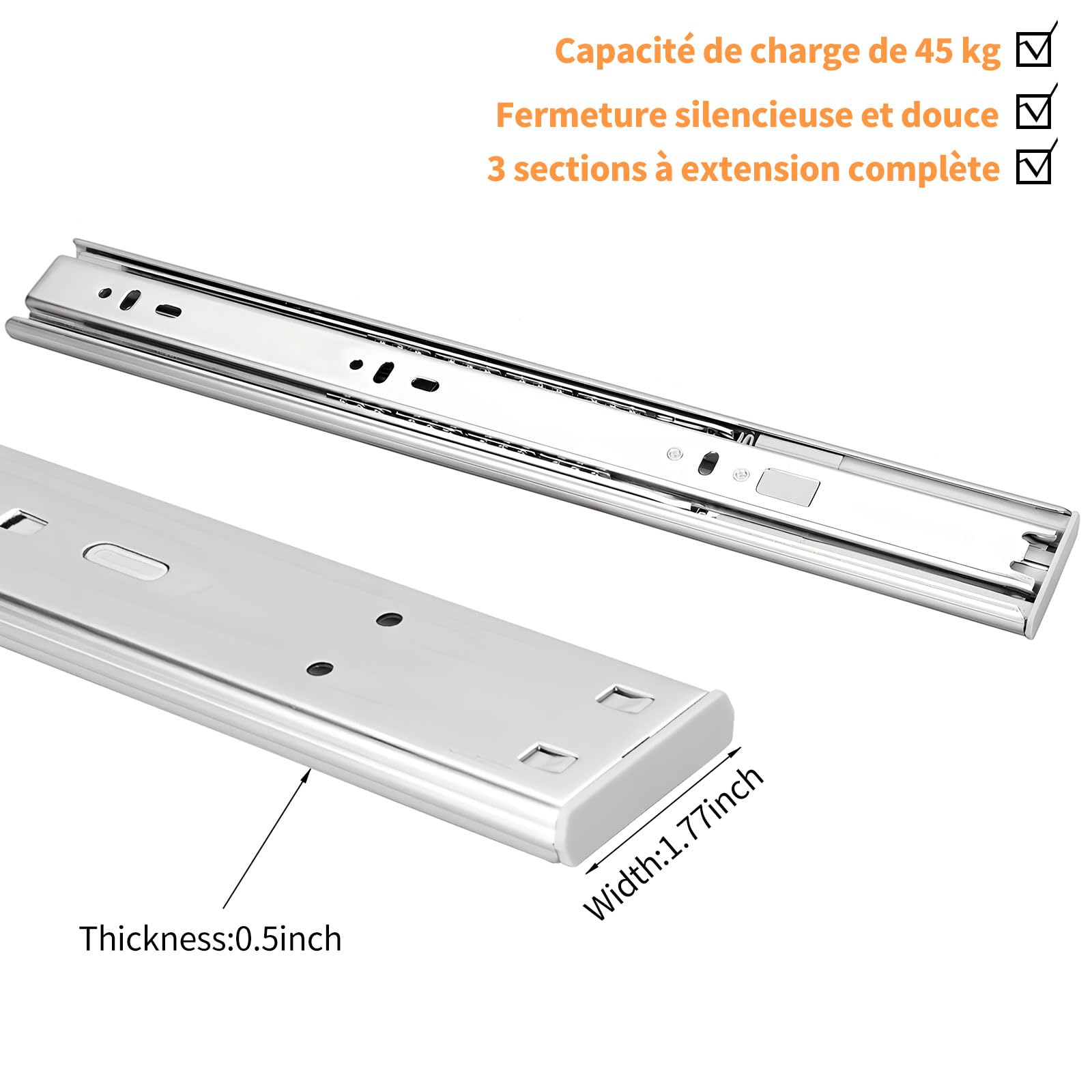 HLC glissiere pour tiroir 6 paires (12pcs), 50cm Glissières de tiroir à fermeture automatique douce, extension complète avec glissières à roulement à billes, coulisse tiroir 100 lb de capacité
