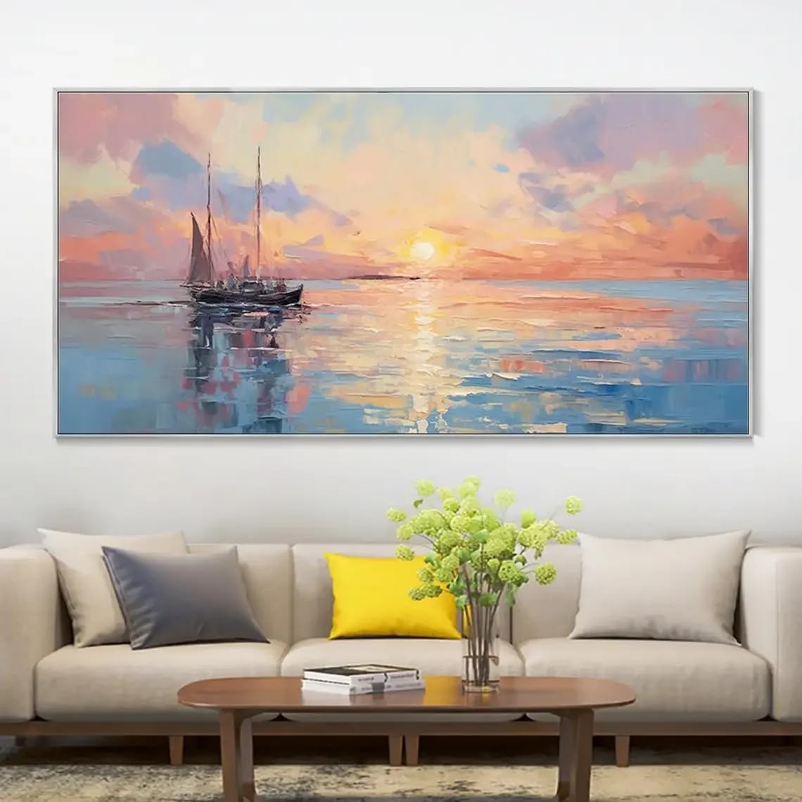 LTjiajuypd Vintage Oil Painting Ocean Canvas Prints Poster Art with Sunrise Sunset for Elegant Home Wall Decor Blue Sea Landscape(50X100cm)