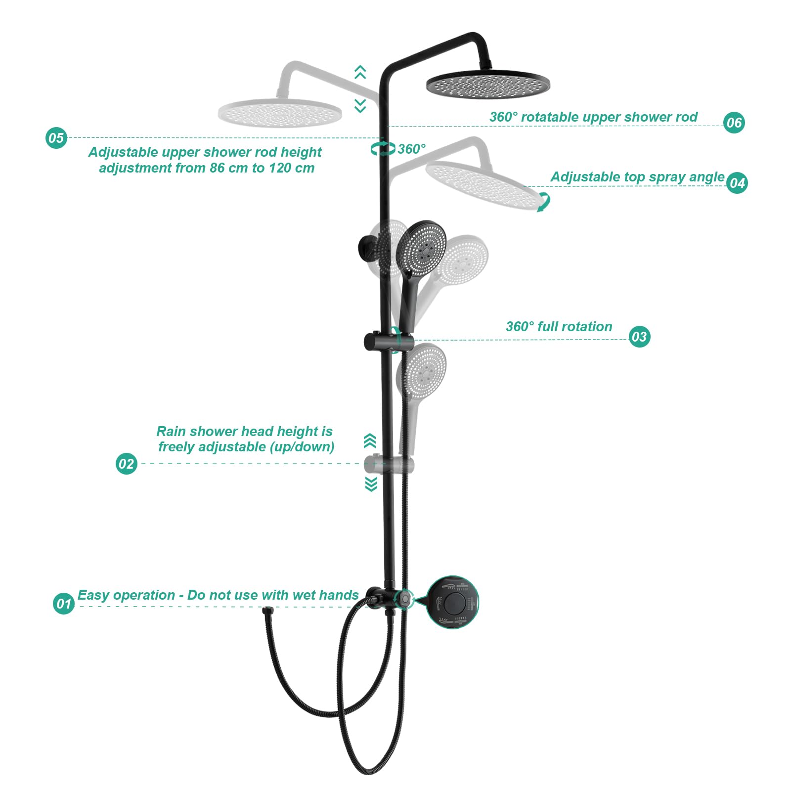 OFFO Shower Riser Rail Kit, Rainfall Shower Kit with 10"(25cm) Shower Head, Handheld and 1.6m Hose Set for Bathroom No Mixer - Image 3