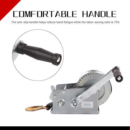 Miniatura 7 de Cabrestante de mano para remolque de barco, cabrestante de manivela de mano resistente de 2500 libras con correa de poliéster de 23 pies, trinquete