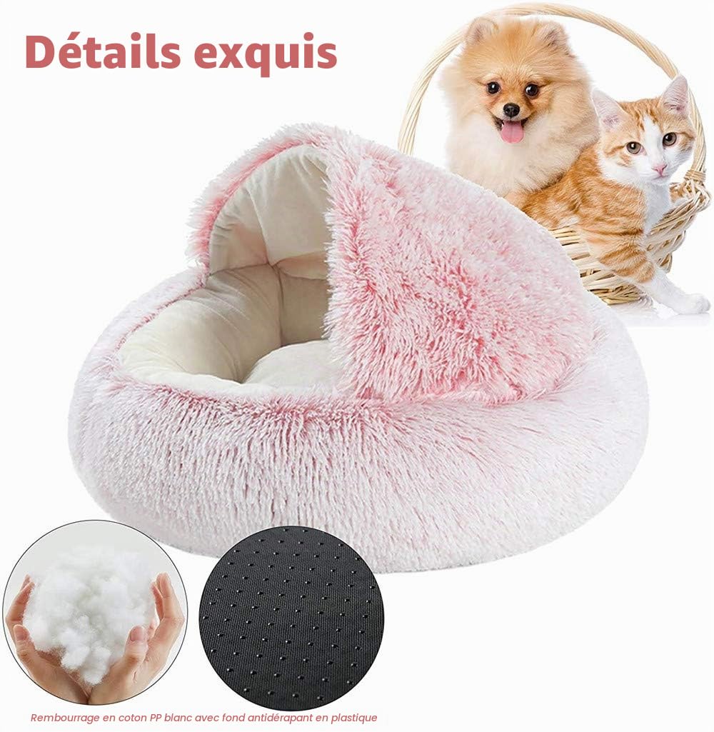 Lit Rond Moelleux pour Chat - en Peluche Douce - avec Capuche - pour l'hiver - Antidérapant - Lavable en Machin,Café,40 cm
