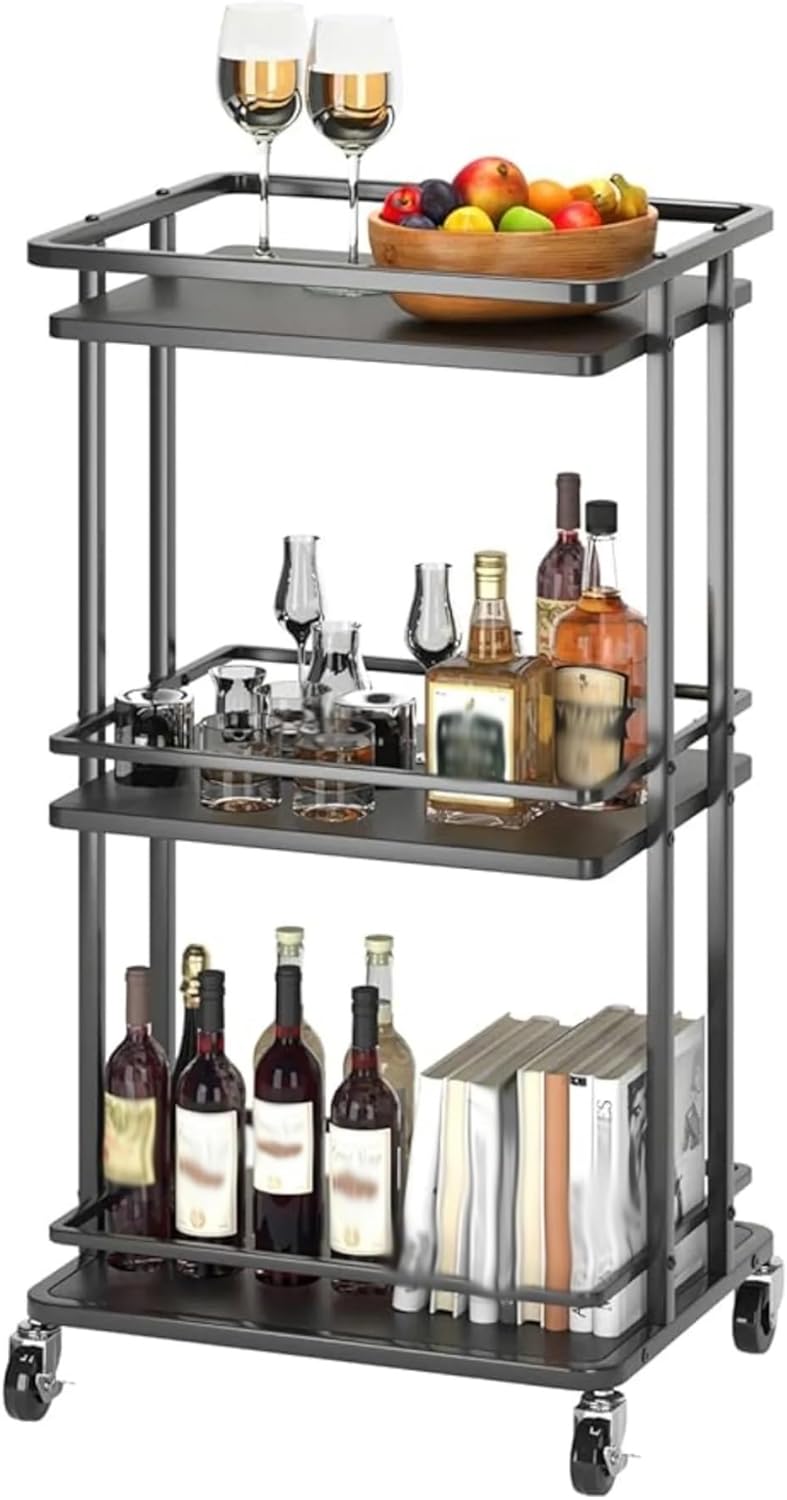 3-Tier Rolling Serving Bar Cart, Kitchen Island Storage with Wheels, Multifunction Utility Rack