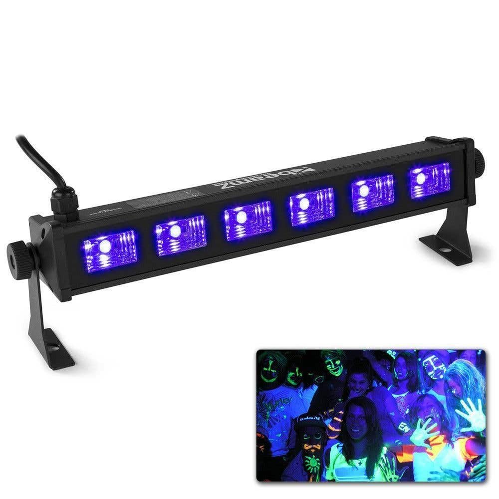 Beamz BUV63 LED Barra LED - 30 W, 6 x UV LED da 3W, Plug & Play, Alloggiamento eggero | completo di staffe | nero